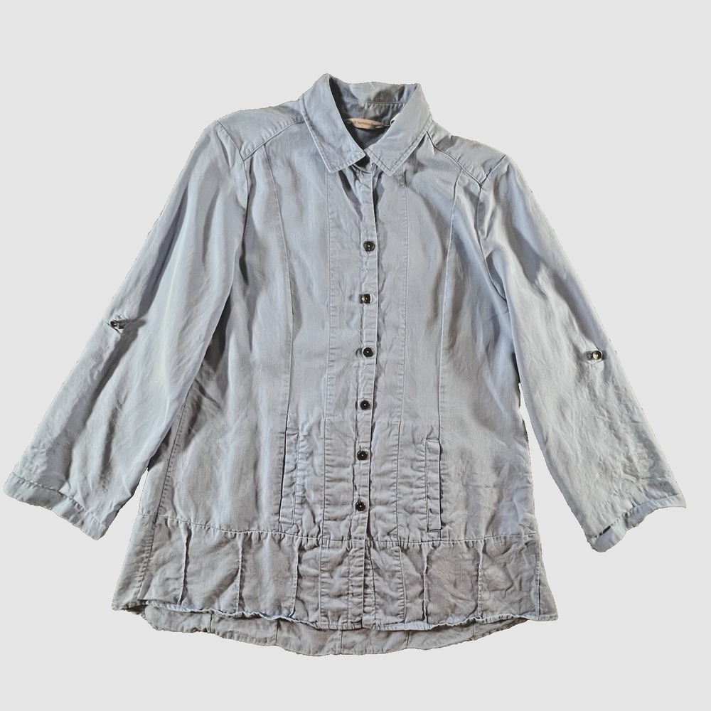 Soft Surroundings Tencel Chambray Tunic Top Blue Button Front Roll Tab Sleeve M